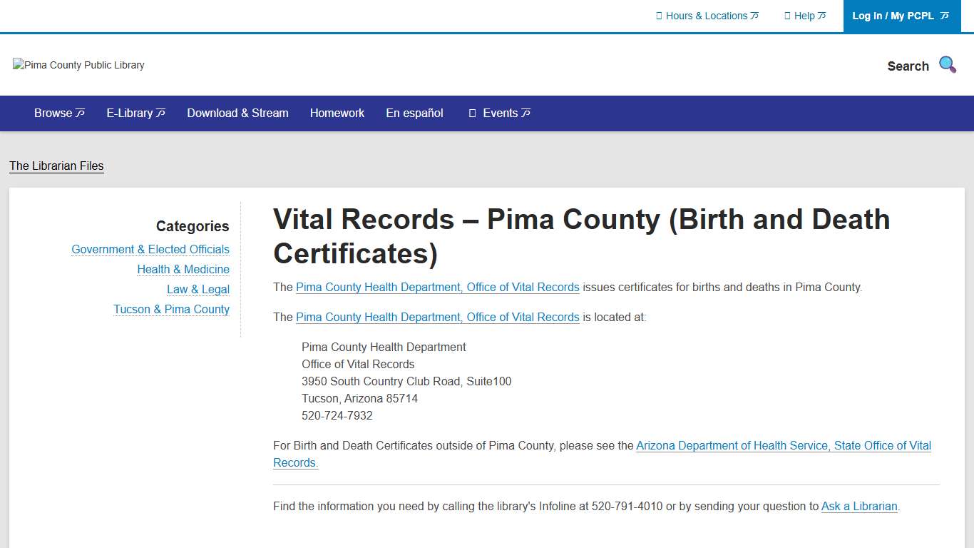 Vital Records – Pima County (Birth and Death Certificates) Pima County Public Library